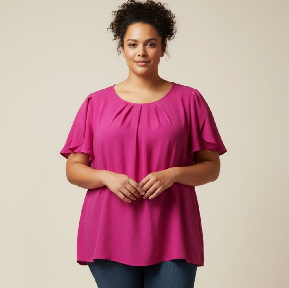 Emery Rose Women's Hot Pink Petal/Tulip Short Sleeve Blouse Size 2XL EUC